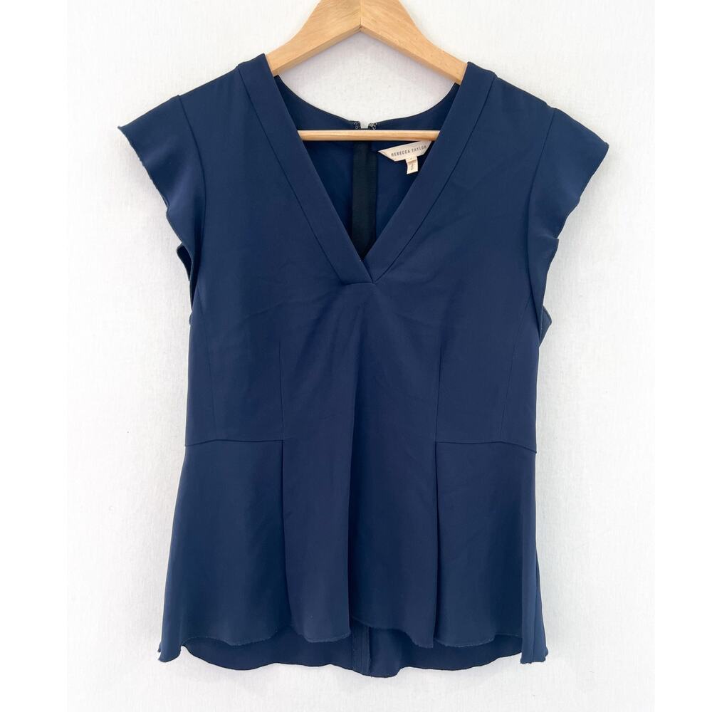 Rebecca Taylor Fitted Blouse Women's 4 Flutter Sleeve V Neck Navy Blue Career